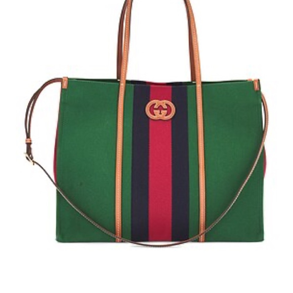 Authentic Gucci Green and Red Tote Bag with Leather Trim